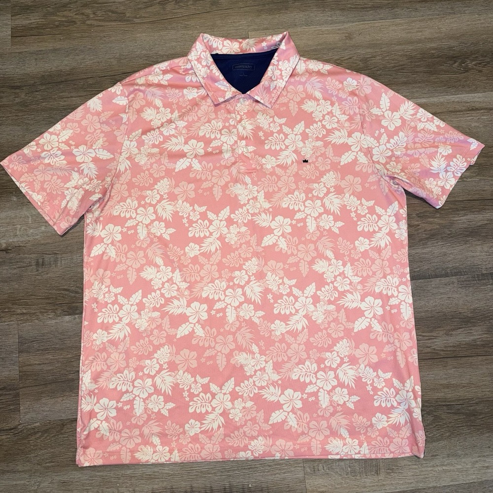 Crown & Ivy Polo Print Stretch Mens Large Shirt Pink White PGA Golf Casual